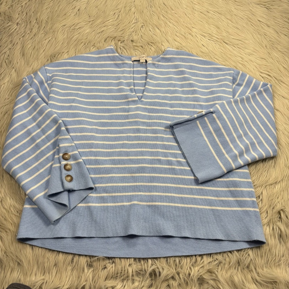LOFT Women's M Blue Striped Wide Sleeve Sweater Coastal Nautical Split Neck